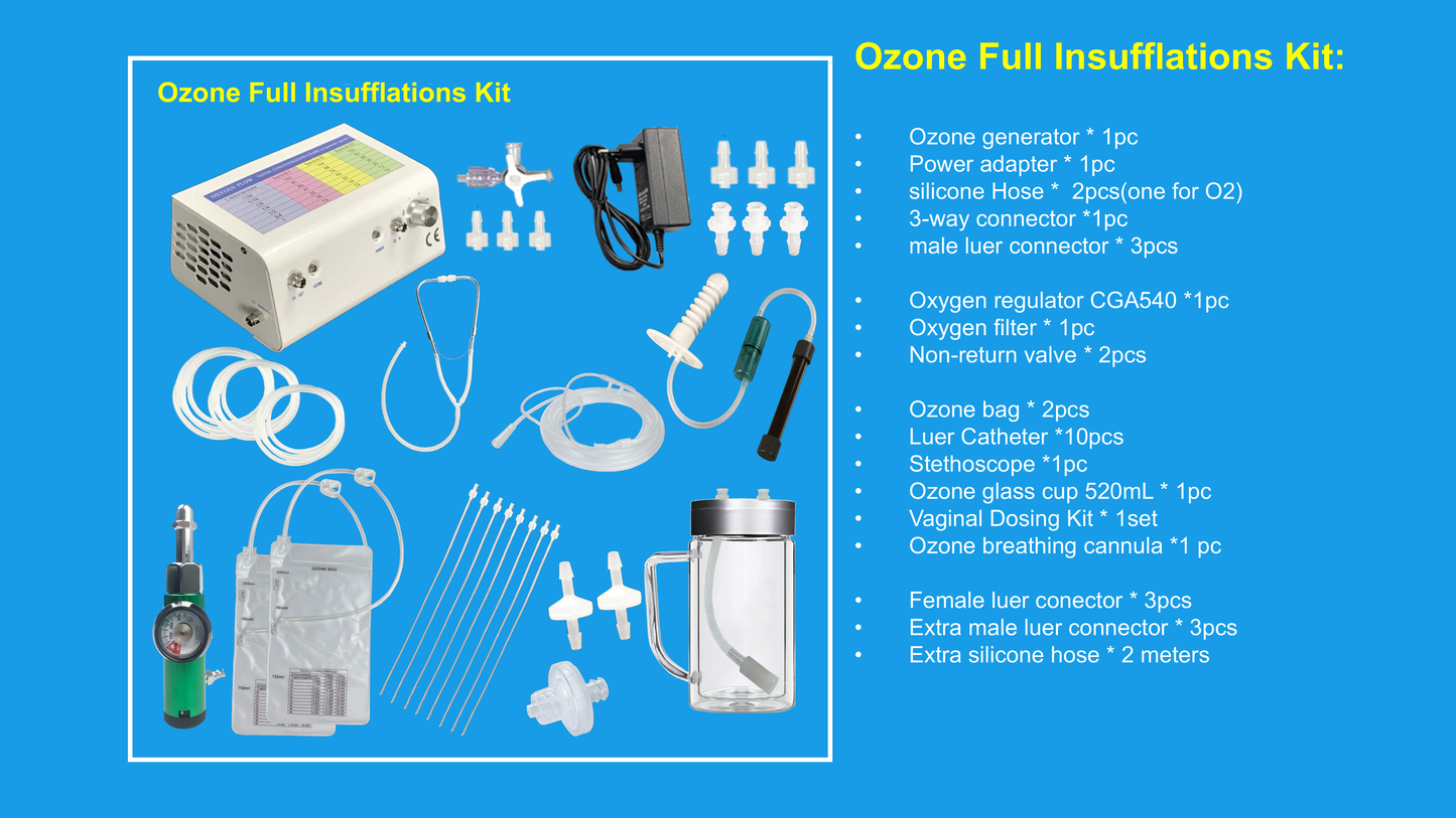 complete ozone therapy treatment system which is the base system plus each of the following kits: Ear insufflation kit Rectal insufflation kit Ozone water/oil kit Syringe kit Limb bag kit Vaginal kit