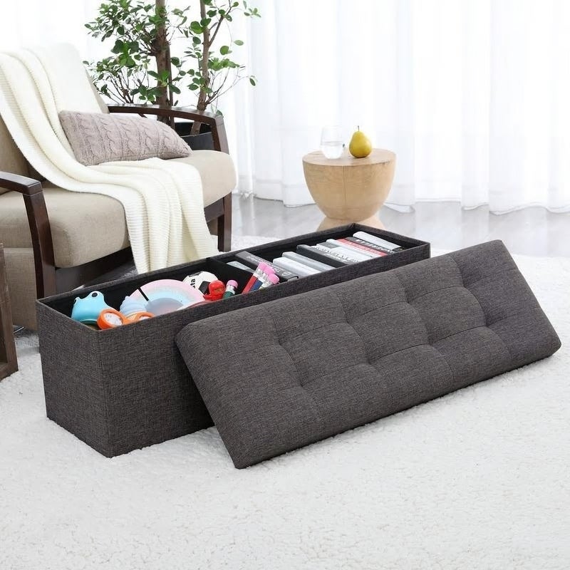 Foldable Tufted Linen Large Storage Ottoman Bench Foot Rest Stool/Seat - 15" x 45" x 15"