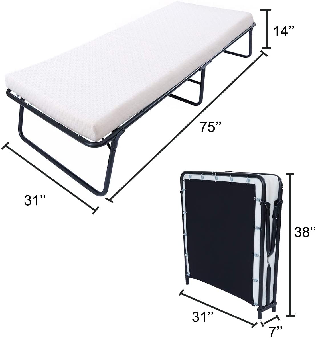 Rollaway Guest Bed Cot Fold Out Bed Portable Folding Bed Frame with Thick Memory Foam Mattress