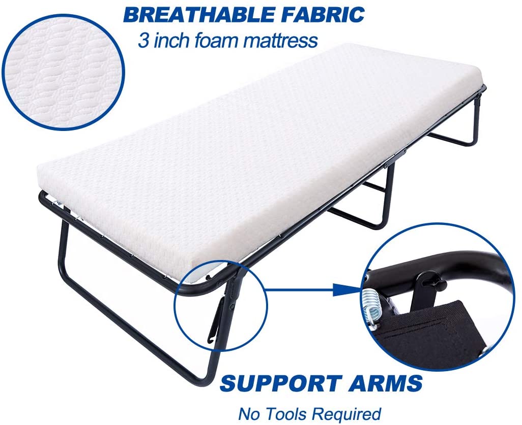 Rollaway Guest Bed Cot Fold Out Bed Portable Folding Bed Frame with Thick Memory Foam Mattress