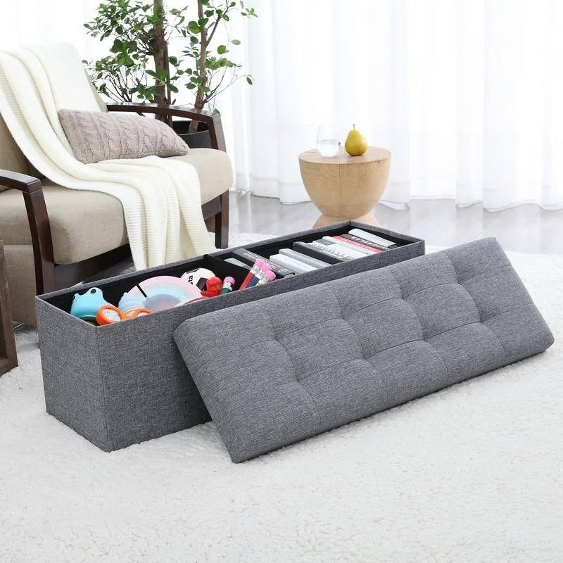 Foldable Tufted Linen Large Storage Ottoman Bench Foot Rest Stool/Seat - 15" x 45" x 15"
