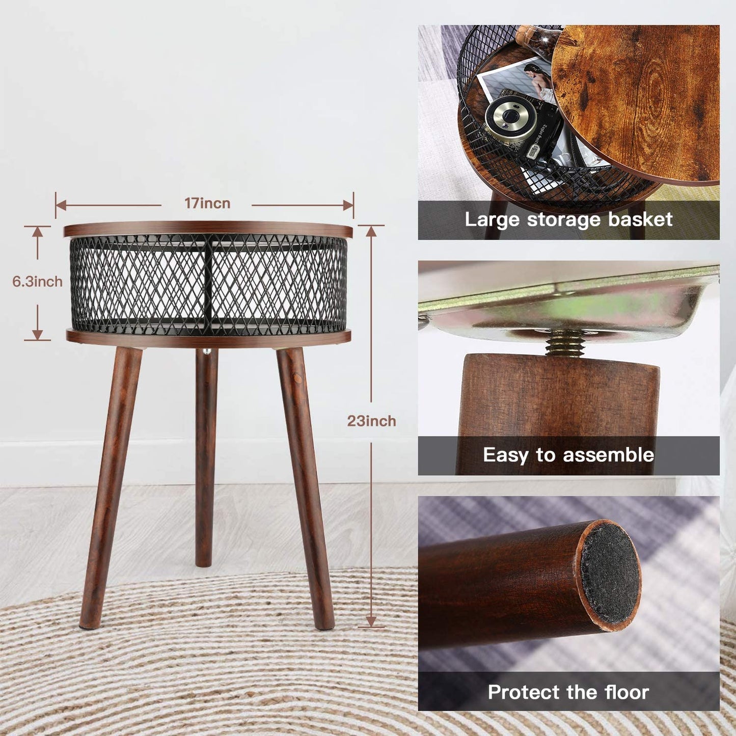 Mid Century Modern Nightstand with Storage Basket Industrial