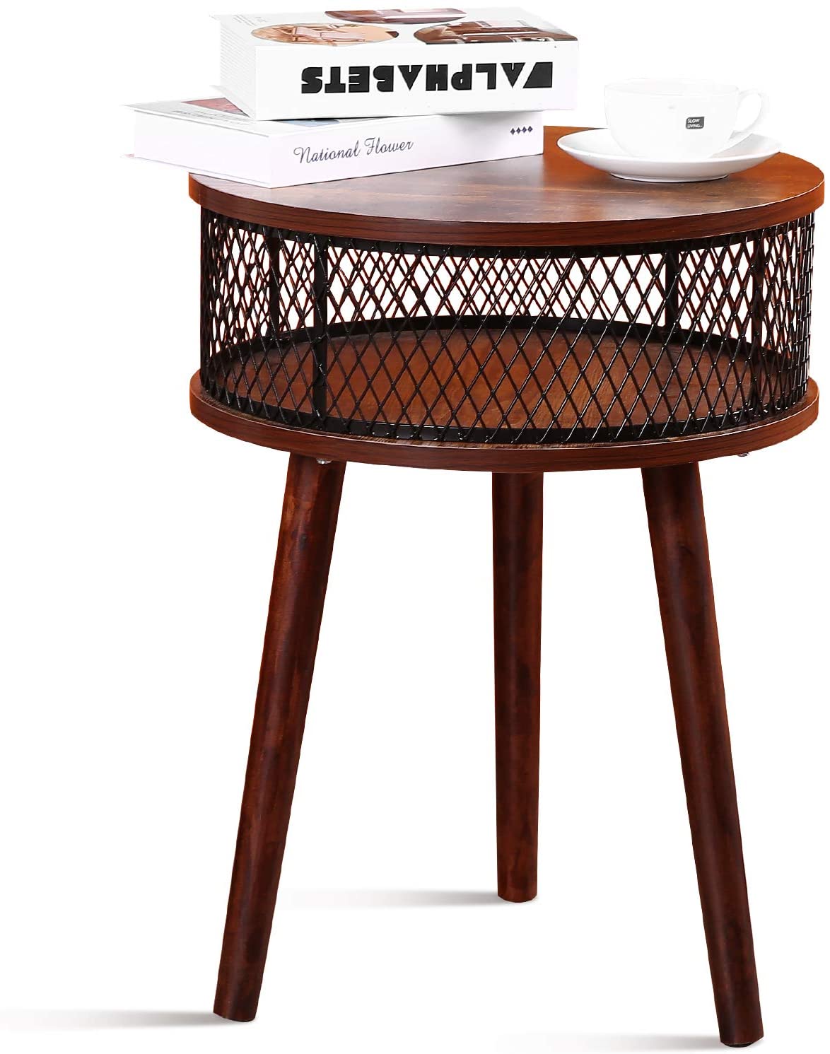Mid Century Modern Nightstand with Storage Basket Industrial