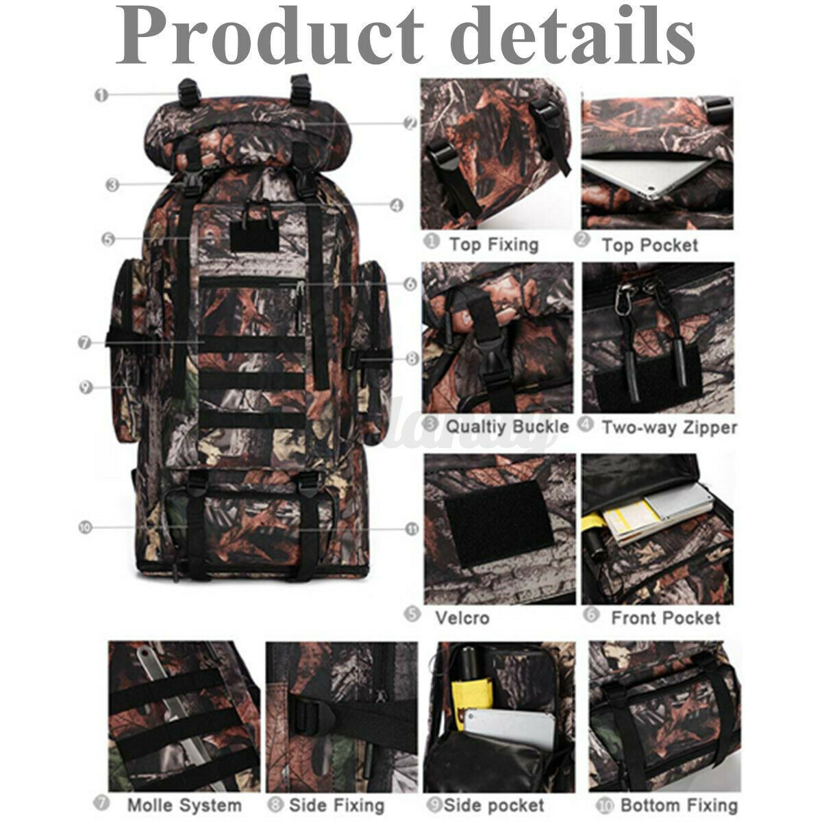 100L Military Tactical Backpack Army Hiking Rucksack Outdoor