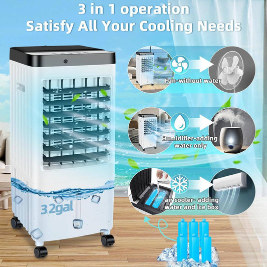3-IN-1 Portable Air Conditioner Evaporative Air Cooler Humidifier Water Cooling