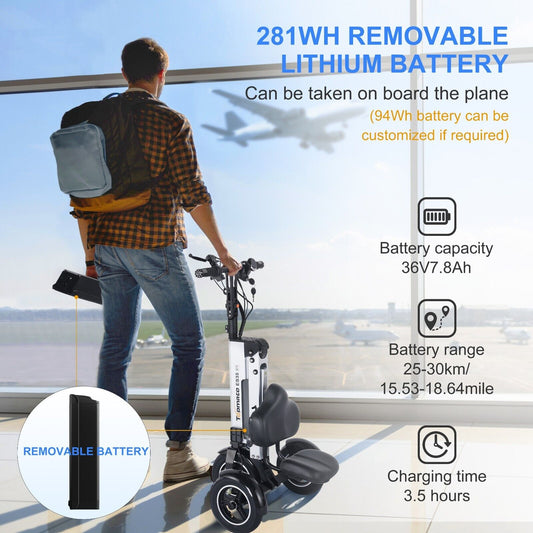 Powered Mobility Scooter 3 Wheel with Backrest Seat Lightweight Electric Scooter
