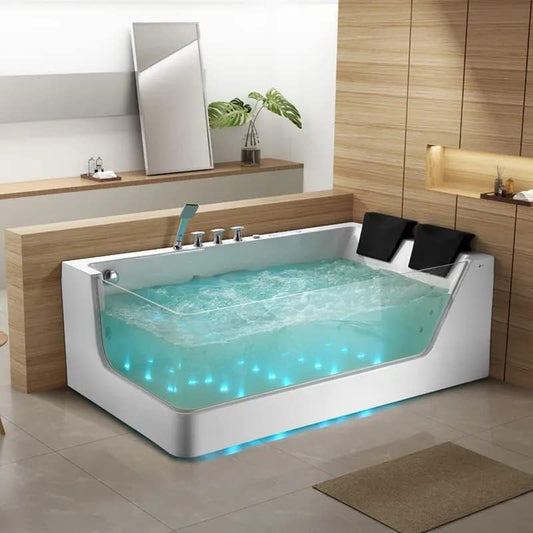 71" LED Acrylic Whirlpool Bathtub with Water Massage, Transparent Soaking Tub & Faucet – White