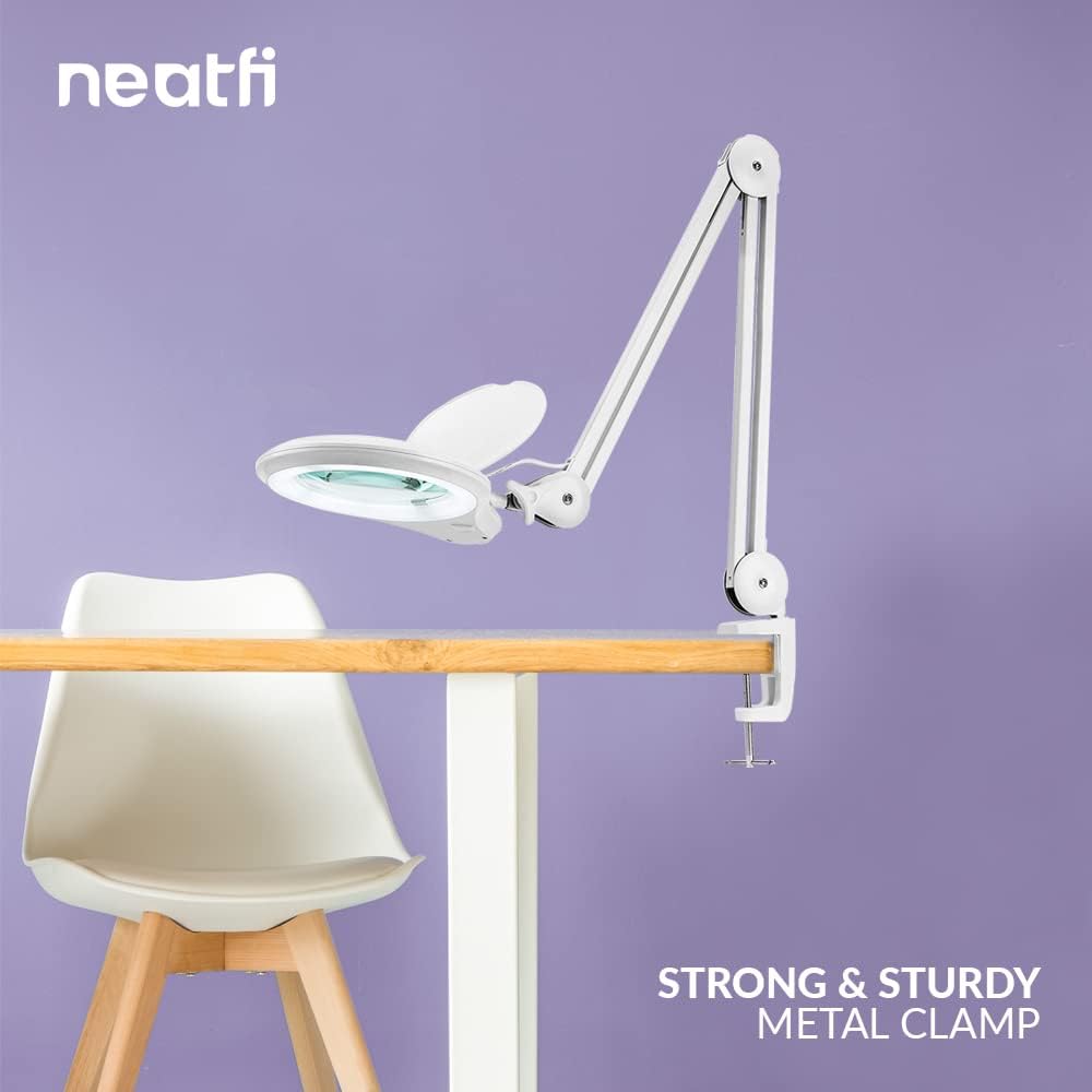 Neatfi (New Model Bifocals 1,200 Lumens Super LED Magnifying Lamp with Clamp, Dimmable, 60 Pcs SMD LED, 5 Inches Diameter Lens, Adjustable Arm (5 Diopter + 20 Diopter, White)