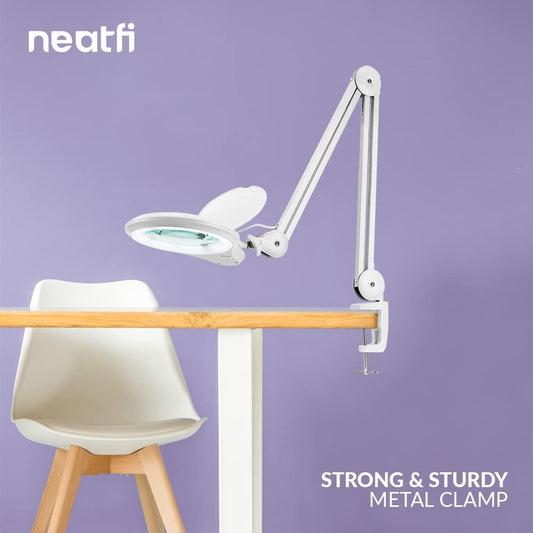 Neatfi (New Model Bifocals 1,200 Lumens Super LED Magnifying Lamp with Clamp, Dimmable, 60 Pcs SMD LED, 5 Inches Diameter Lens, Adjustable Arm (5 Diopter + 20 Diopter, White)