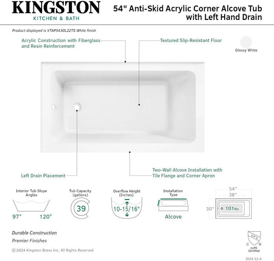 Aqua Eden VTAP5430L22TS 54-Inch Acrylic 2-Wall Corner Alcove Tub with Left Hand Drain, White