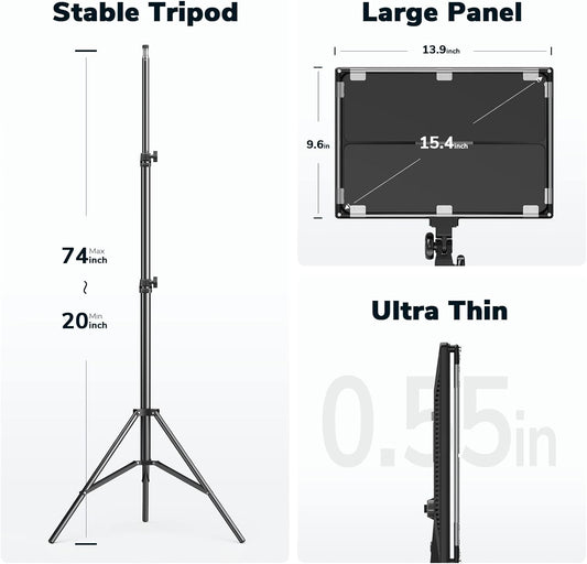 D50 Photography Lighting with Barn Door, 2-Pack 15.4" LED Video Light with Remote, 45W 3000K-8000K Dimmable Bi-Color Panel Light for Live Streaming/Wedding Shooting/Video Recording/Studio/Film