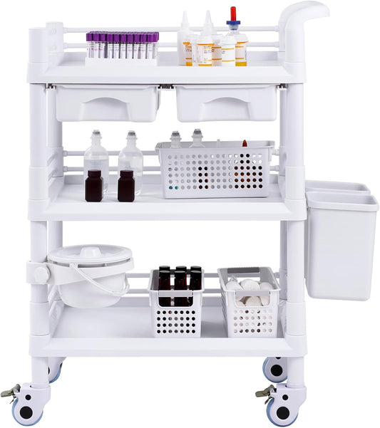 VEVOR Medical Mobile Trolley Cart with 2 Drawers & 3 Trash Cans, 3 Tiers Beauty Salon Rolling Trolley with 4 Silent Wheels & 2 Dirts Bucket & Bowl, Medical Utility Cart for Hospital Dental Clinic Lab