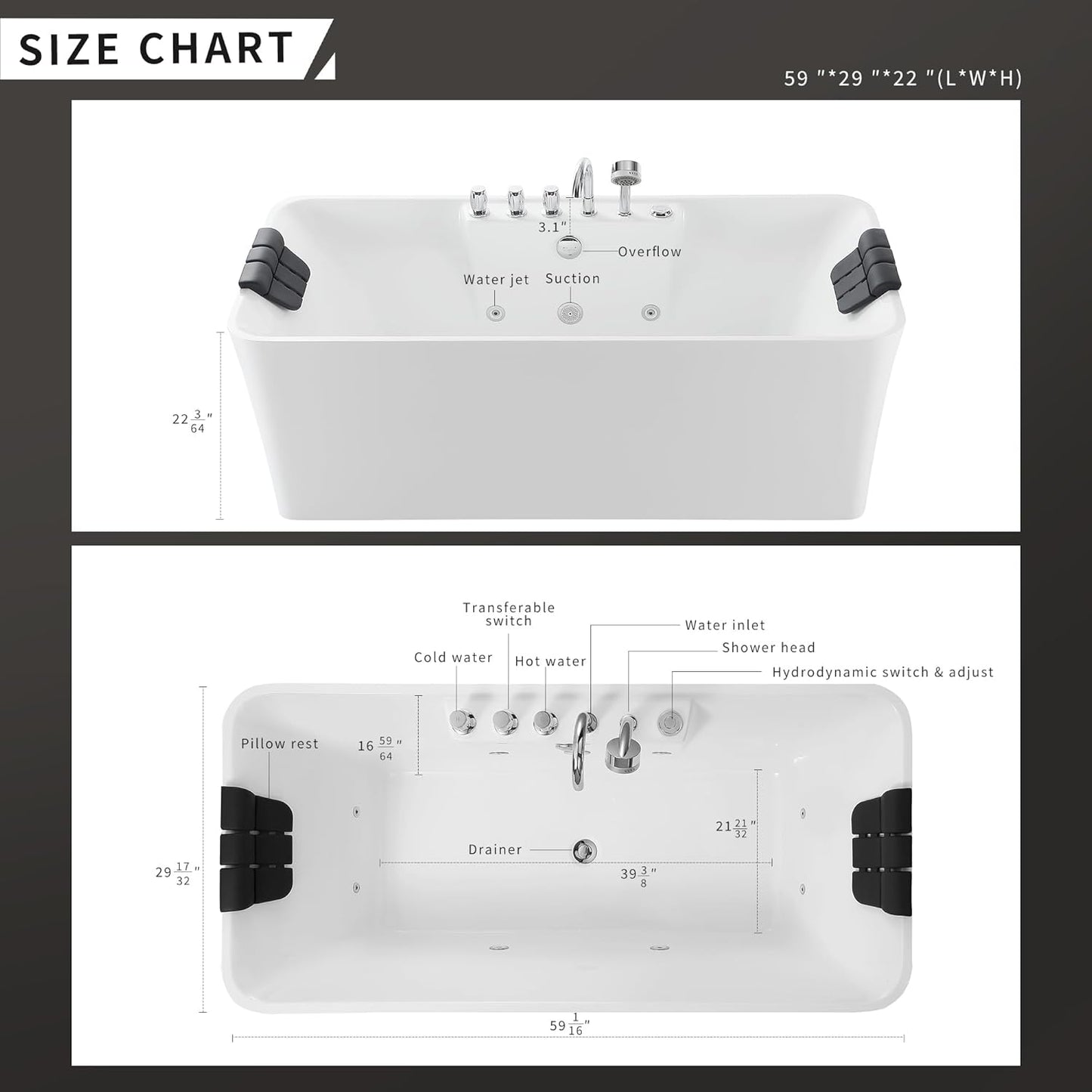 Empava 59-Inch White Freestanding Whirlpool Bathtub Rectangular with 8 Hydromassage Adjustable Water Jets