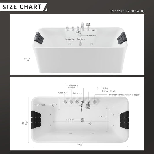 Empava 59-Inch White Freestanding Whirlpool Bathtub Rectangular with 8 Hydromassage Adjustable Water Jets