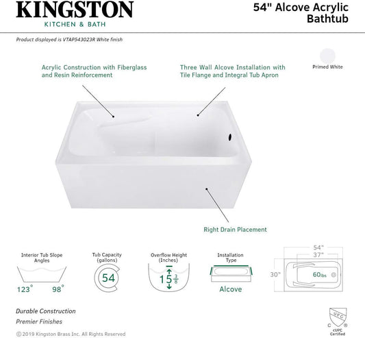 Aqua Eden VTAP543023R 54-Inch Acrylic 3-Wall Alcove Tub with Arm Rest and Right Hand Drain Hole, White