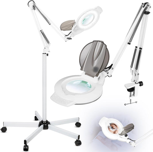 10X Magnifying Glass with Light and Stand, 2200 Lumens Dimmable Magnifying Floor Lamp, 2-in-1 Lighted Magnifier with 5 Wheels Rolling Base, Mag Lamp for Estheticians, Crafts, Reading, Facial