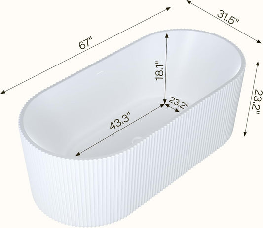 67" Modern Freestanding Bathtub,V Shape Freestanding Soaking Acrylic Bathtub,Unique Design Pleated Tub with Chrome Drain and Classic Slotted Overflow,Cupc Certified,Gloss White