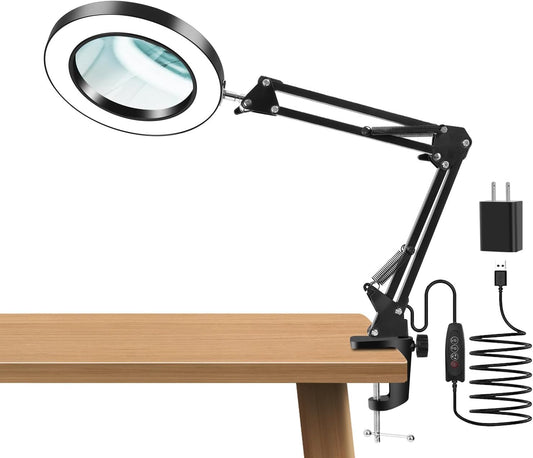 10X Magnifying Glass with Light and Clamp,Real Glass Lens,3 Color Modes,Stepless Dimmable,LED Magnifying Lamp for Reading Close Work Painting Craft Soldering Sewing Hobby