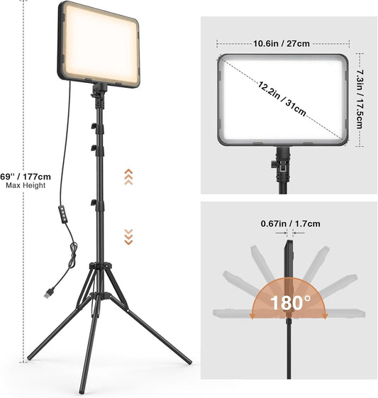 2 Pack LED Video Light with 63'' Tripod Stand, Kmasic 2500-8500K Dimmable Photography Lighting Kit,15W Soft Studio Lighting for Video Recording/Filming/Game Streaming/YouTube/Podcast, USB Charger