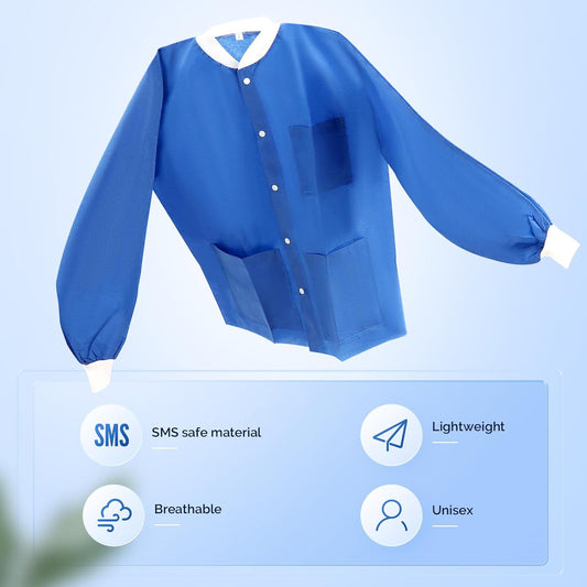 JMU 10-50 Pack Disposable Lab Jackets, SMS Medical Jackets/Coats for Men and Women, Knit Cuffs & Collar, 3 Pockets