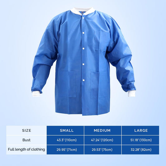 JMU 10-50 Pack Disposable Lab Jackets, SMS Medical Jackets/Coats for Men and Women, Knit Cuffs & Collar, 3 Pockets
