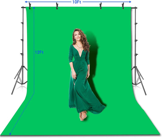 Photo Video Studio 10 x12ft 100% Cotton Muslin Chromakey Green Screen Backdrop with 8.5 x 10ft Stand Photography Background Support System Kit Clamp, Carry Bag