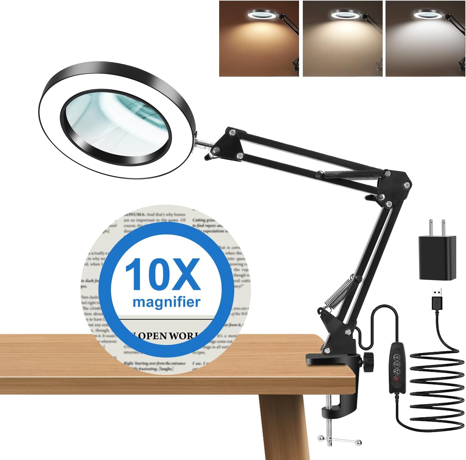10X Magnifying Glass with Light and Clamp,Real Glass Lens,3 Color Modes,Stepless Dimmable,LED Magnifying Lamp for Reading Close Work Painting Craft Soldering Sewing Hobby