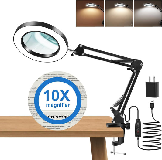 10X Magnifying Glass with Light and Clamp,Real Glass Lens,3 Color Modes,Stepless Dimmable,LED Magnifying Lamp for Reading Close Work Painting Craft Soldering Sewing Hobby