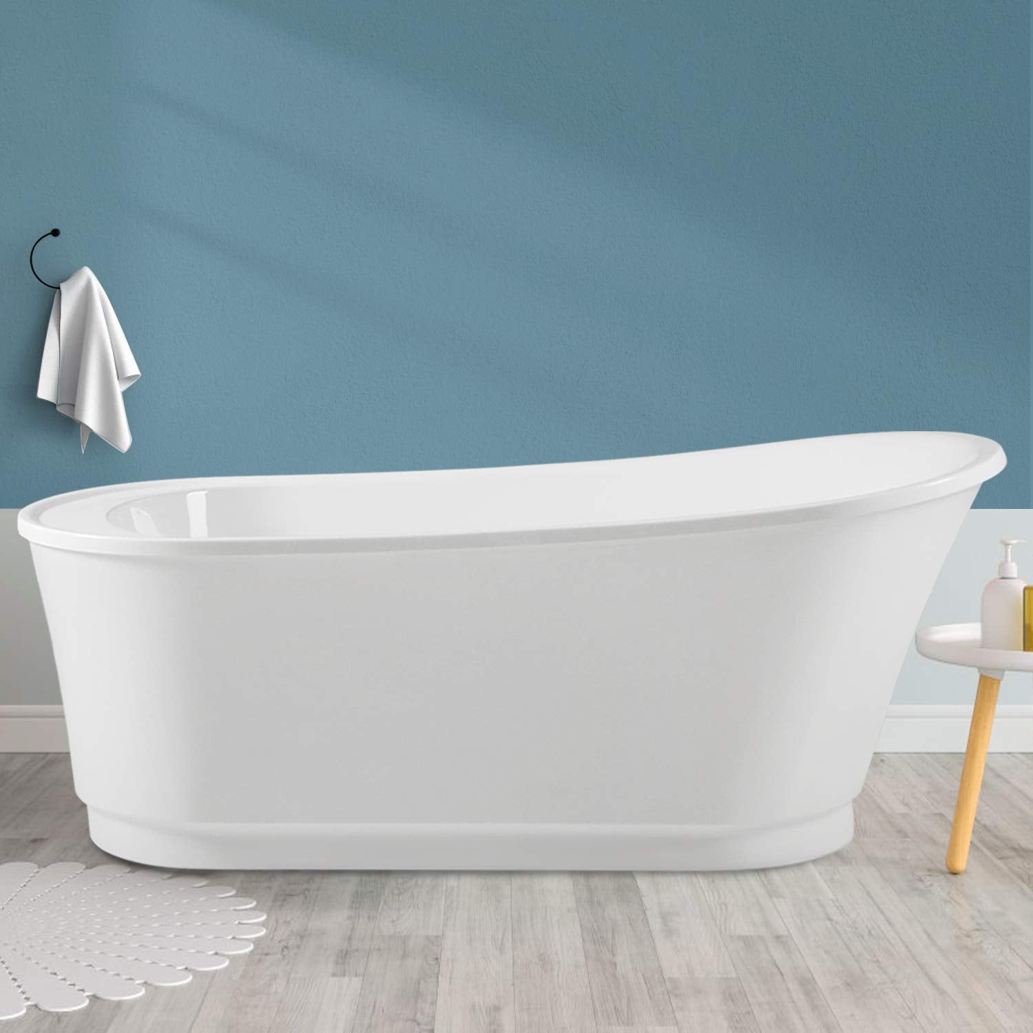 FerdY Lana'i 60" Freestanding Bathtub, Gracefully Shaped Freestanding Soaking tub, Glossy White, cUPC Certified, Brushed Nickel Drain & Overflow Assembly Included-02125