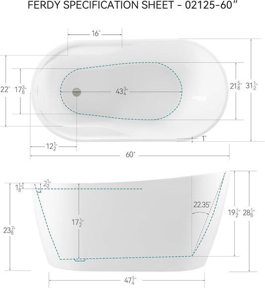 FerdY Lana'i 60" Freestanding Bathtub, Gracefully Shaped Freestanding Soaking tub, Glossy White, cUPC Certified, Brushed Nickel Drain & Overflow Assembly Included-02125