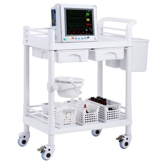 VEVOR Medical Mobile Trolley Cart with 2 Drawers & 3 Trash Cans, 3 Tiers Beauty Salon Rolling Trolley with 4 Silent Wheels & 2 Dirts Bucket & Bowl, Medical Utility Cart for Hospital Dental Clinic Lab