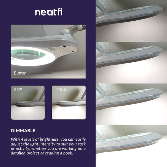 Neatfi (New Model Bifocals 1,200 Lumens Super LED Magnifying Lamp with Clamp, Dimmable, 60 Pcs SMD LED, 5 Inches Diameter Lens, Adjustable Arm (5 Diopter + 20 Diopter, White)