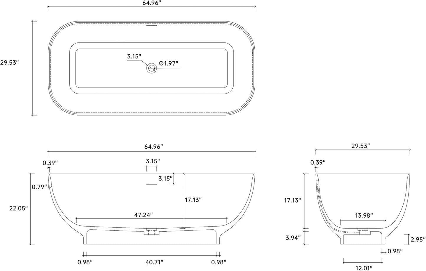 Stone Resin Freestanding Bathtub 65", Elegant Oval Shape Soaking Tub, Solid Surface Stand Alone Bathtub with Drain & Integrated Slotted Overflow Matte White AMFS329-1650