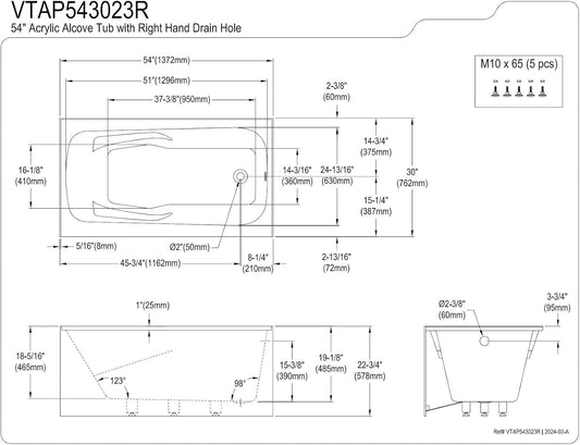 Aqua Eden VTAP543023R 54-Inch Acrylic 3-Wall Alcove Tub with Arm Rest and Right Hand Drain Hole, White
