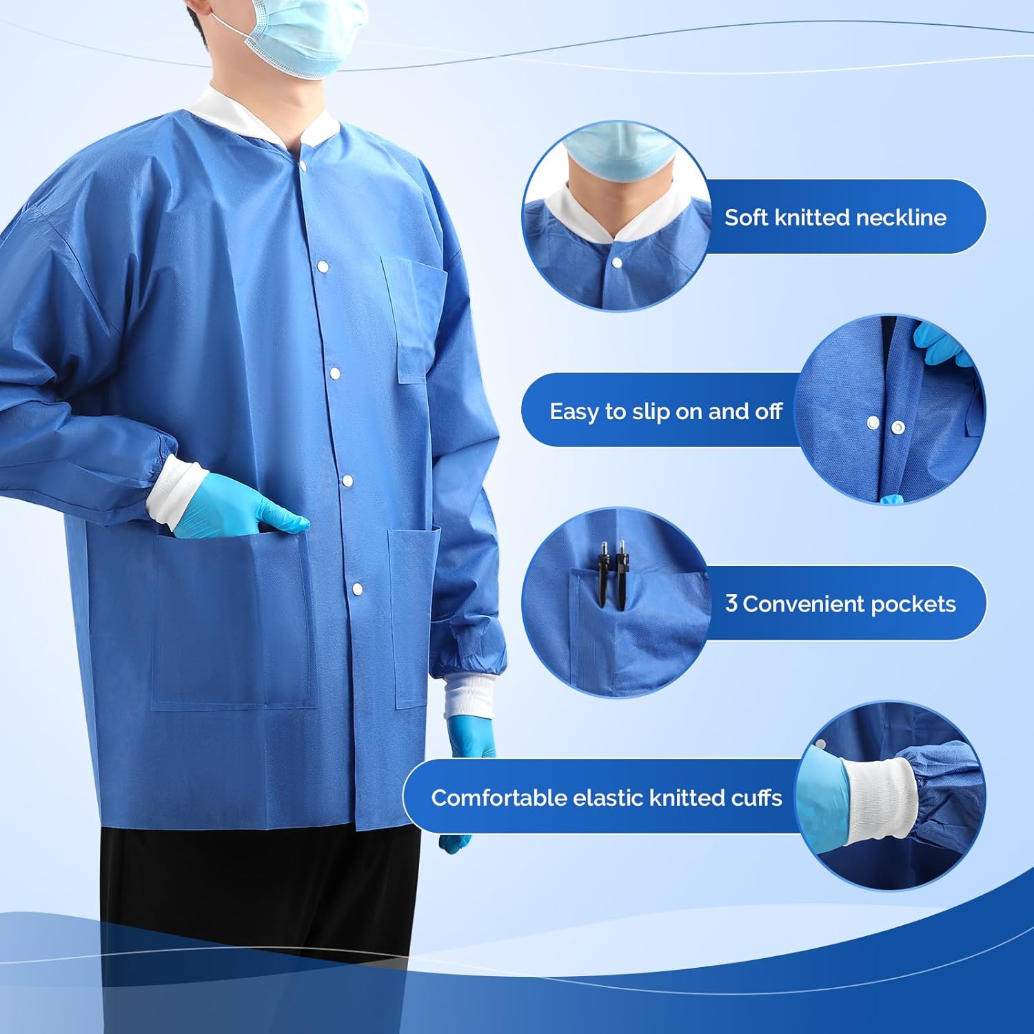 JMU 10-50 Pack Disposable Lab Jackets, SMS Medical Jackets/Coats for Men and Women, Knit Cuffs & Collar, 3 Pockets