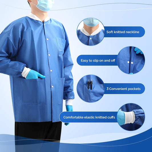 JMU 10-50 Pack Disposable Lab Jackets, SMS Medical Jackets/Coats for Men and Women, Knit Cuffs & Collar, 3 Pockets