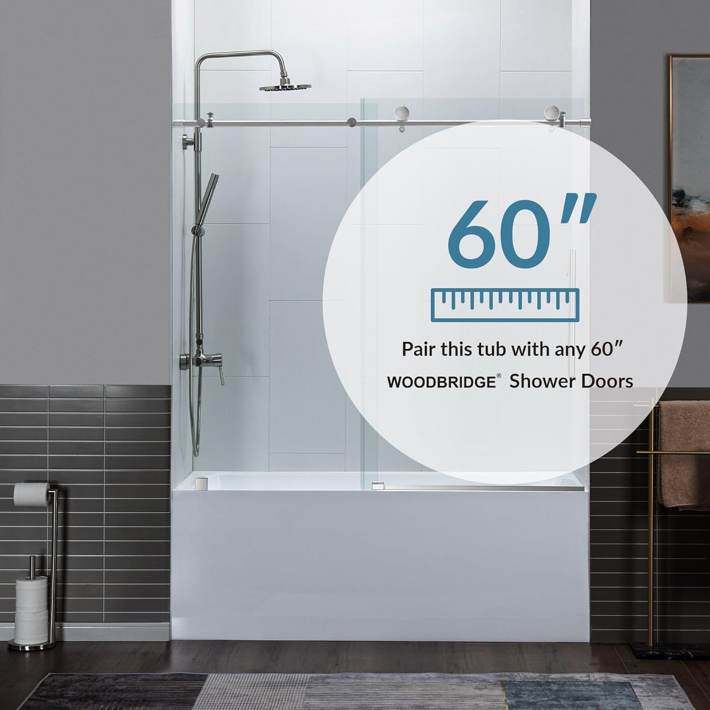 WOODBRIDGE 60" Acrylic Rectangular Alcove Soaking Bathtub in White with Left Drain, Brushed Nickel pop-up Drain Included, LB428-L
