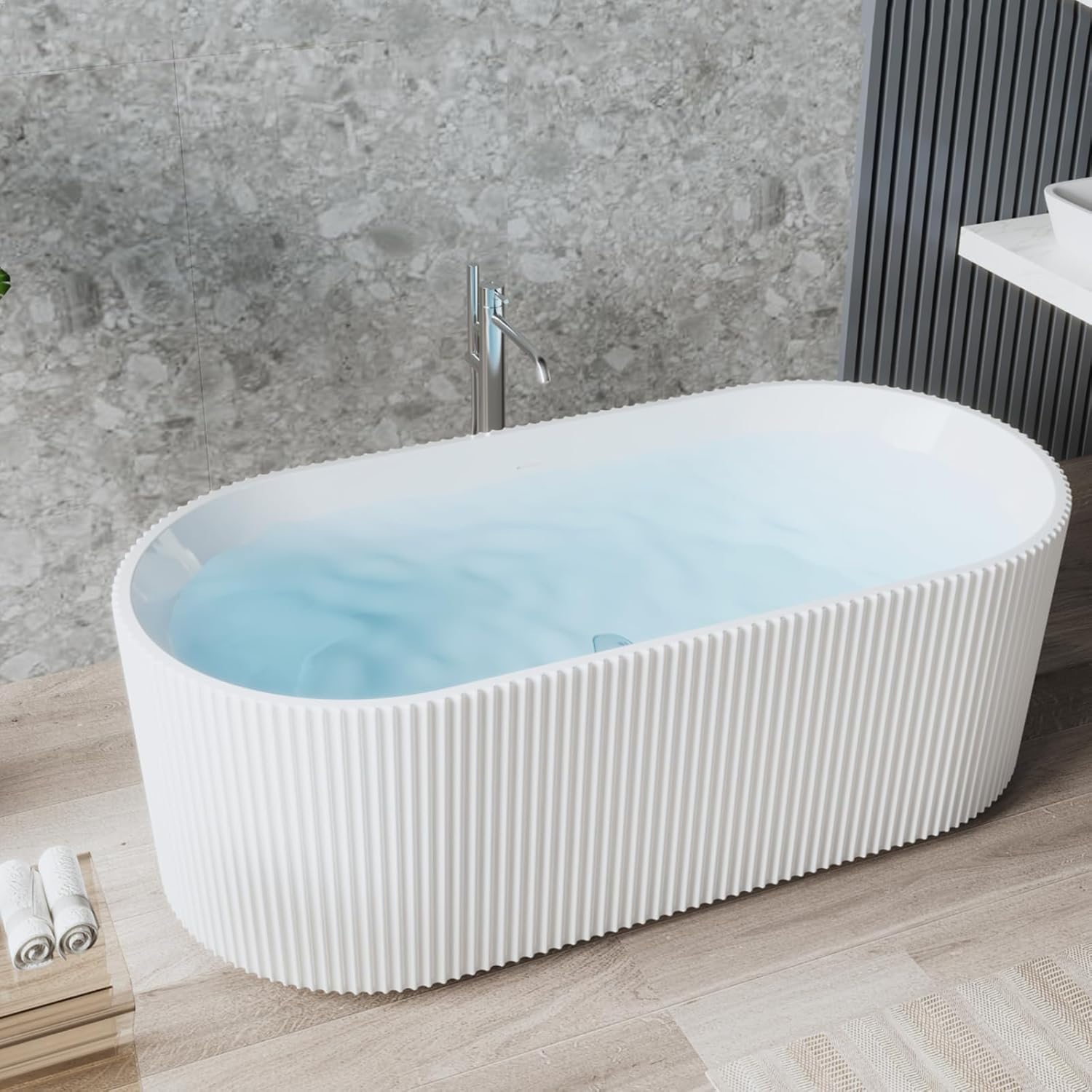 67" Modern Freestanding Bathtub,V Shape Freestanding Soaking Acrylic Bathtub,Unique Design Pleated Tub with Chrome Drain and Classic Slotted Overflow,Cupc Certified,Gloss White