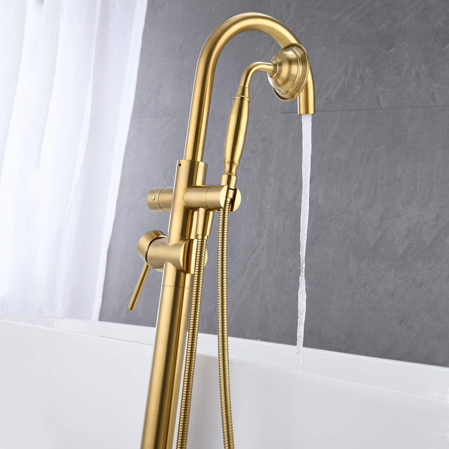 Tub Filler Freestanding Bathtub Faucet Brushed Gold Floor Mounted Brass Bathroom Tub Faucets with Hand Shower