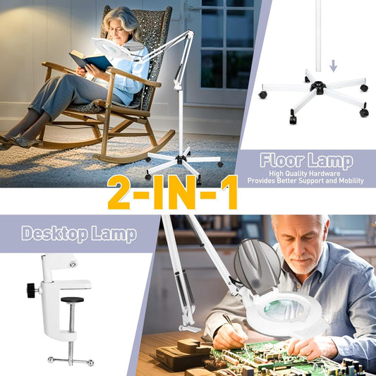10X Magnifying Glass with Light and Stand, 2200 Lumens Dimmable Magnifying Floor Lamp, 2-in-1 Lighted Magnifier with 5 Wheels Rolling Base, Mag Lamp for Estheticians, Crafts, Reading, Facial
