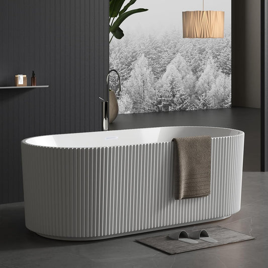 67" Modern Freestanding Bathtub,V Shape Freestanding Soaking Acrylic Bathtub,Unique Design Pleated Tub with Chrome Drain and Classic Slotted Overflow,Cupc Certified,Gloss White
