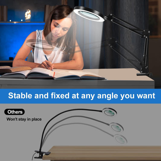 10X Magnifying Glass with Light and Clamp,Real Glass Lens,3 Color Modes,Stepless Dimmable,LED Magnifying Lamp for Reading Close Work Painting Craft Soldering Sewing Hobby