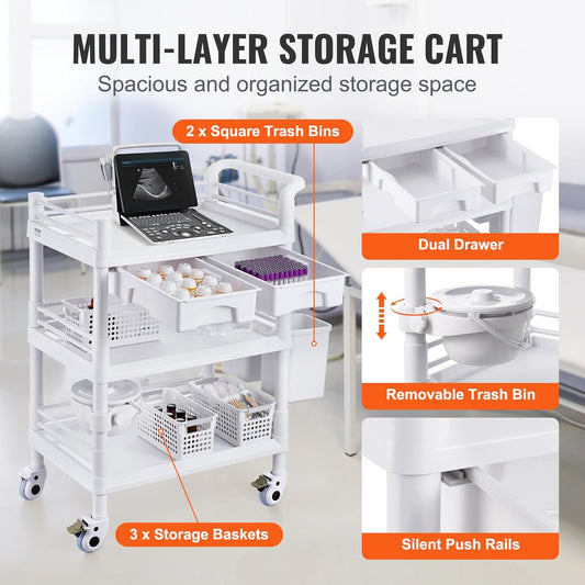 VEVOR Medical Mobile Trolley Cart with 2 Drawers & 3 Trash Cans, 3 Tiers Beauty Salon Rolling Trolley with 4 Silent Wheels & 2 Dirts Bucket & Bowl, Medical Utility Cart for Hospital Dental Clinic Lab