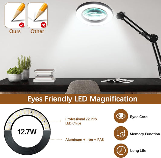 10X Magnifying Glass with Light and Clamp, Magnifier with Light Hands Free3 Color Modes Stepless Dimmable, 72 LEDs Real Glass Lens Magnifying Lamp for Close Work, Repair, Reading, Craft