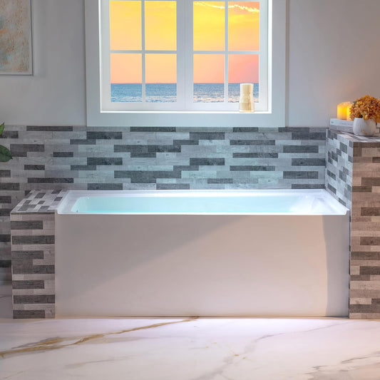 WOODBRIDGE 60" Acrylic Rectangular Alcove Soaking Bathtub in White with Left Drain, Brushed Nickel pop-up Drain Included, LB428-L