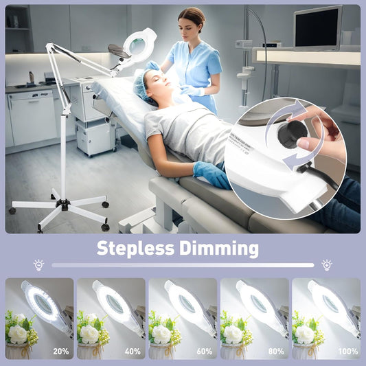 10X Magnifying Glass with Light and Stand, 2200 Lumens Dimmable Magnifying Floor Lamp, 2-in-1 Lighted Magnifier with 5 Wheels Rolling Base, Mag Lamp for Estheticians, Crafts, Reading, Facial
