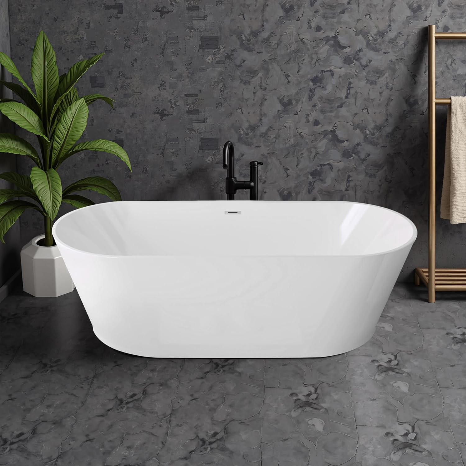 59"Acrylic Free Standing Bathtub, Bath Tub for Bathroom Glossy White, Stand Alone Soaking Tub, Modern Bathtub with Chrome Overflow and Drain