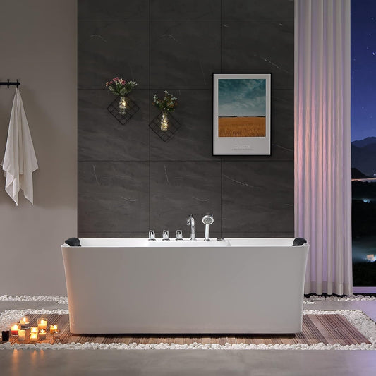 Empava 59-Inch White Freestanding Whirlpool Bathtub Rectangular with 8 Hydromassage Adjustable Water Jets