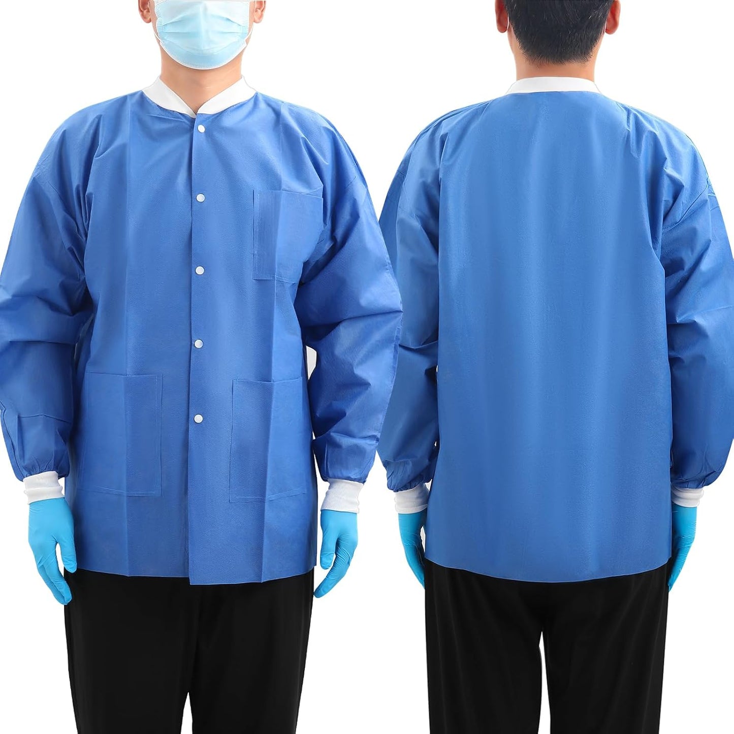 JMU 10-50 Pack Disposable Lab Jackets, SMS Medical Jackets/Coats for Men and Women, Knit Cuffs & Collar, 3 Pockets