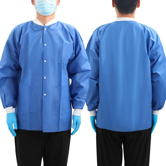 JMU 10-50 Pack Disposable Lab Jackets, SMS Medical Jackets/Coats for Men and Women, Knit Cuffs & Collar, 3 Pockets